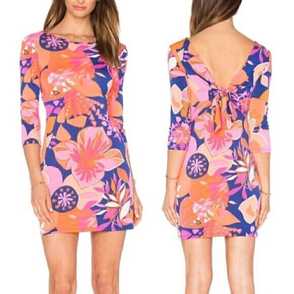 TRINA TRINA TURK Ocean Floral Matte Jersey Tie Back Dress Orange Pink Mini Party - Picture 1 of 14